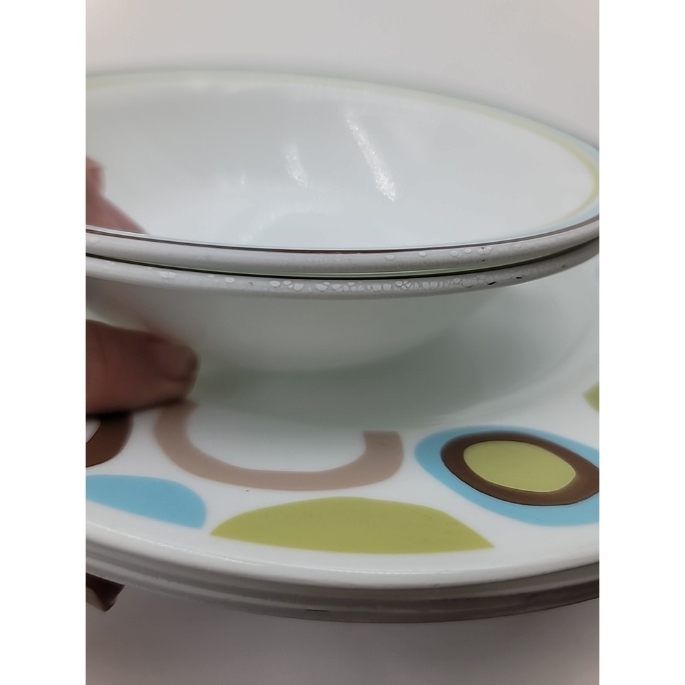 8pc Corelle Vitrelle ROLA 10-3/4" Dinner Plates Bowls Green Brown Blue Circles - Picture 2 of 11